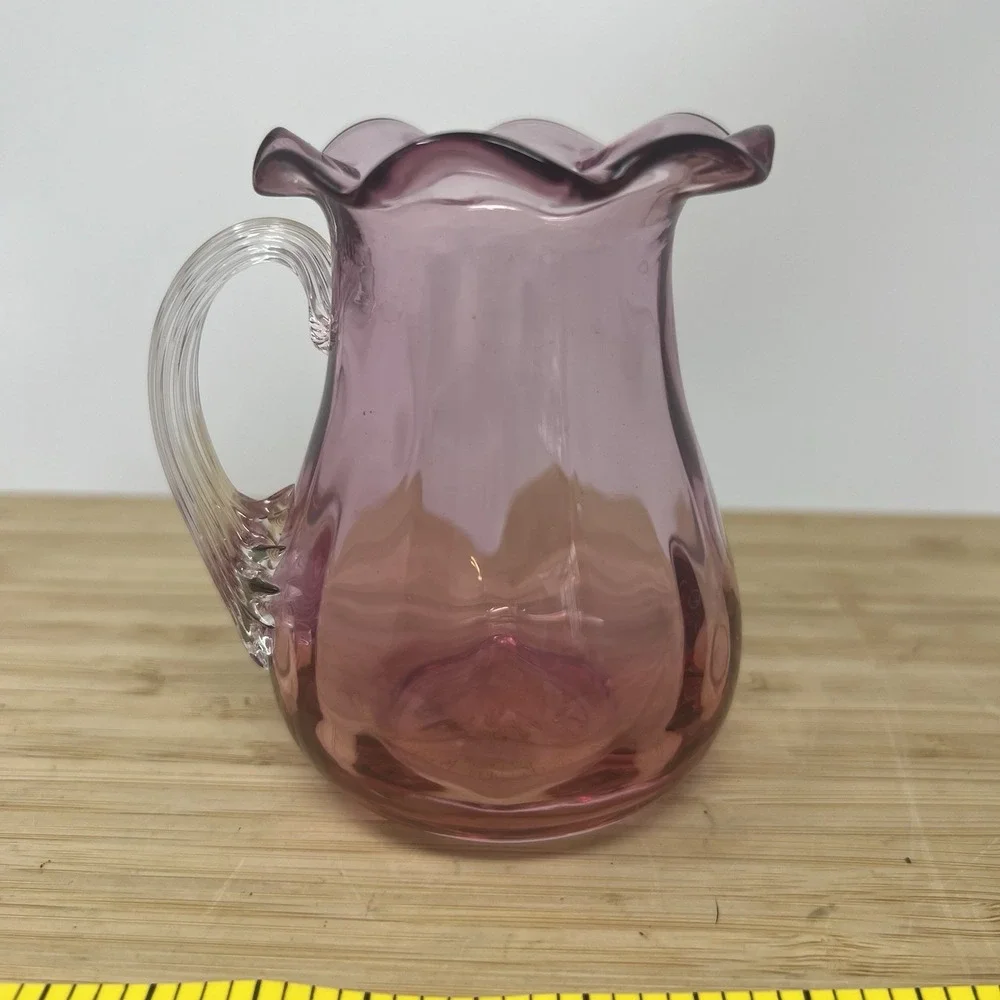 Vintage Set Of 3 Cranberry Glass Hand‎ Blown Pilgrim  Vase & Pitchers EUC